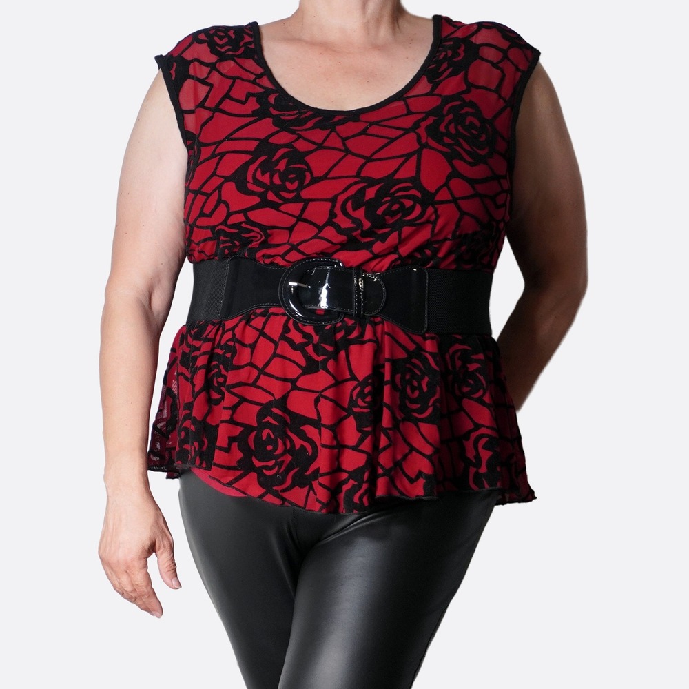 Combo: Burnout Velvet Mesh Top + Camisole XL 1X Red Peplum Blouse Dark Romance